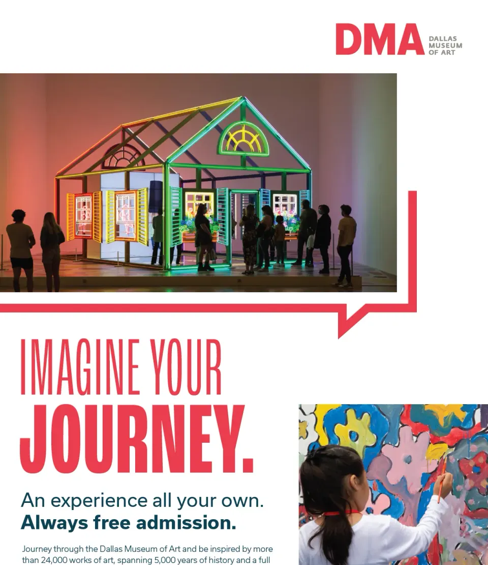 Campaign poster with a colorful neon house installation and the headline Imagine Your Journey