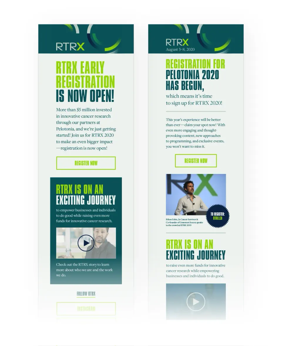 RTRX registration emails in teal and lime