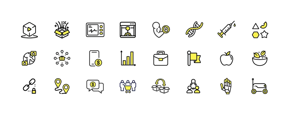 Grid of 24 custom line icons with yellow accents, including a play cube, gift box, monitor, 3D printer, DNA strand, syringe, shopping basket, briefcase, apple and a robotic hand