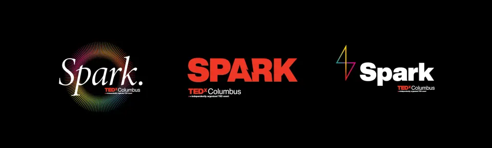 Three initial logo concepts for TEDxColumbus Spark on black: a radiating script wordmark, a bold red sans wordmark and a lightning bolt with a white wordmark