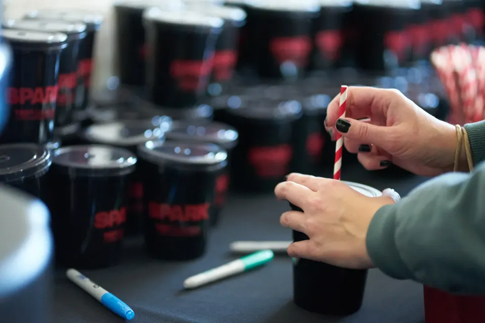 Branded cups on a table