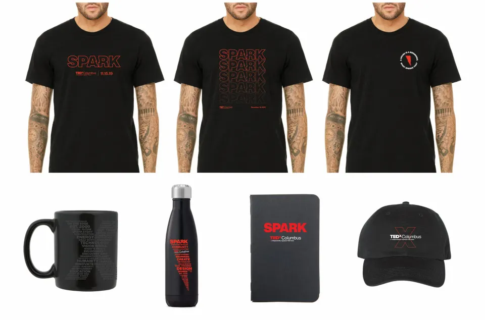 Three SPARK T-shirt designs plus mug, bottle, notebook and cap
