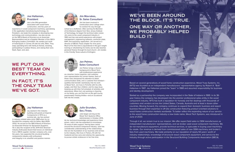 Brochure spread: team bios on white and ‘We’ve been around the block’ on navy